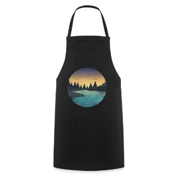 RETRO RIVER WITH FOREST AND BIRDS AT SUNSET - Cooking Apron - black - Front - AI Model Male 185 dark (185cm)