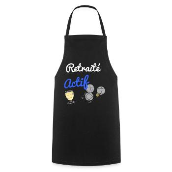 Cadeau humour retraité actif homme ou femme - Tablier de cuisine - noir - Devant - AI Model Male 185 dark (185cm)