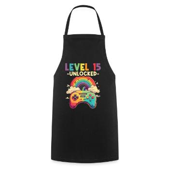 Level 15 Years Gaming 15 15 Birthday - Cooking Apron - black - Front - AI Model Male 185 dark (185cm)
