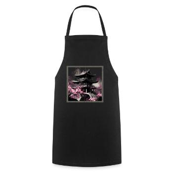 Vintage Japanese Sakura Cherry Blossom Temple - Cooking Apron - black - Front - AI Model Male 185 dark (185cm)