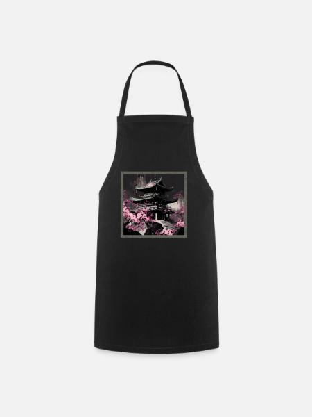 Temple japonais vintage des fleurs de cerisier Sakura - Tablier de cuisine - noir