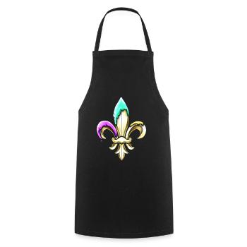Fleur de lys dorée avec vert pourpre et or - Tablier de cuisine - noir - Devant - AI Model Male 185 dark (185cm)