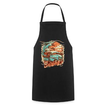 Surfeur et animal fantastique dans le bus lors d’un voyage de surf - Tablier de cuisine - noir - Devant - AI Model Male 185 dark (185cm)