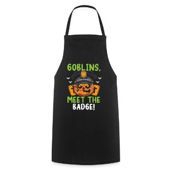 Goblins, hit the service badge! Policeman Halloween - Cooking Apron - black - Front - AI Model Male 185 dark (185cm)