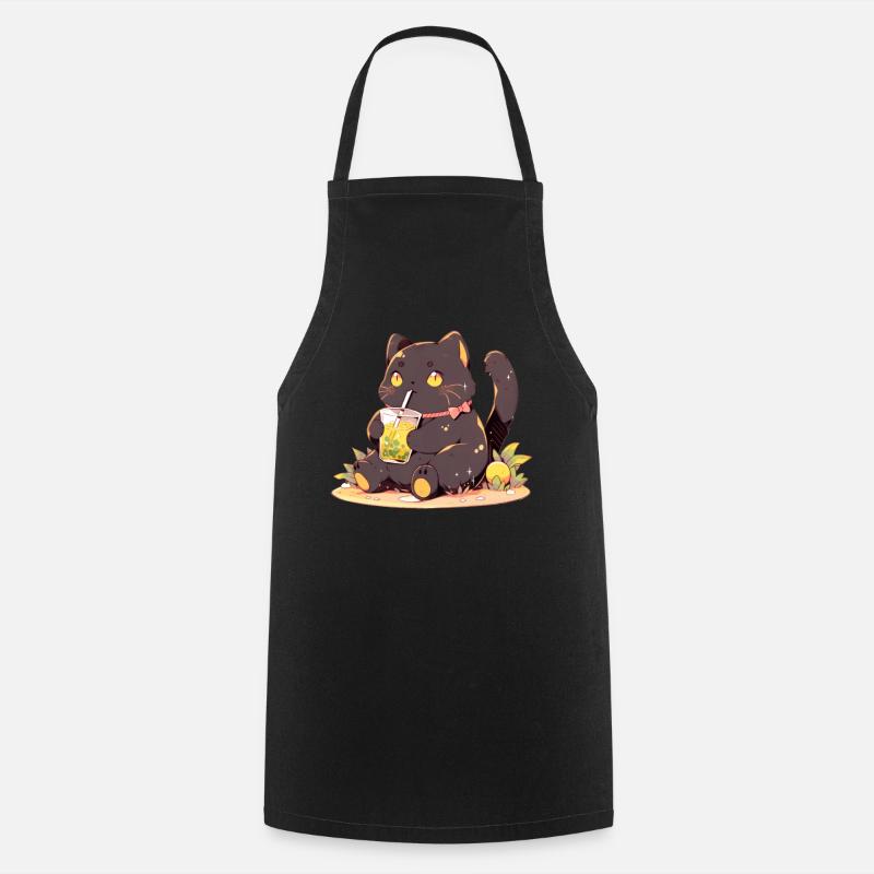 Boba and Cats Cat Drinking Bubble Tea Anime - Cooking Apron - black
