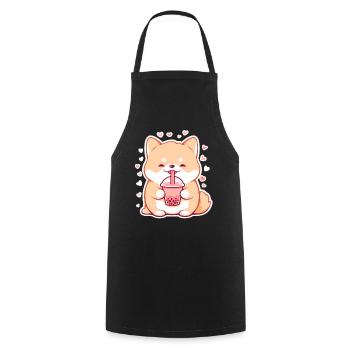 Kawaii Corgi Dog Drinks Boba Bubble Tea Chibi - Cooking Apron - black - Front - AI Model Male 185 dark (185cm)