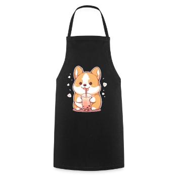 Kawaii Corgi Dog Drinks Boba Bubble Tea Chibi - Cooking Apron - black - Front - AI Model Male 185 dark (185cm)