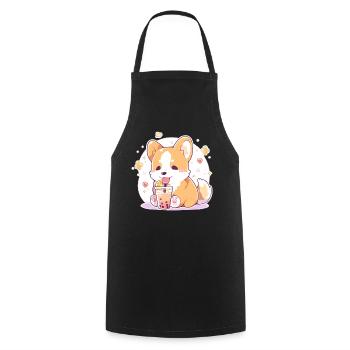 Kawaii Corgi Dog Drinks Boba Bubble Tea Chibi - Cooking Apron - black - Front - AI Model Male 185 dark (185cm)