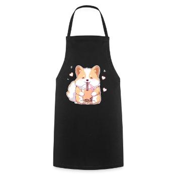 Kawaii Corgi Dog Drinks Boba Bubble Tea Chibi - Cooking Apron - black - Front - AI Model Male 185 dark (185cm)