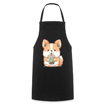 Kawaii Corgi Dog Drinks Boba Bubble Tea Chibi - Cooking Apron - black - Front - AI Model Male 185 dark (185cm)