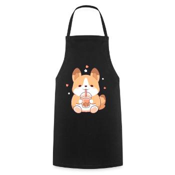 Kawaii Corgi Dog Drinks Boba Bubble Tea Chibi - Cooking Apron - black - Front - AI Model Male 185 dark (185cm)