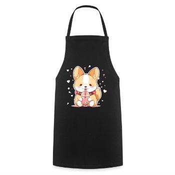 Kawaii Corgi Dog Drinks Boba Bubble Tea Chibi - Cooking Apron - black - Front - AI Model Male 185 dark (185cm)