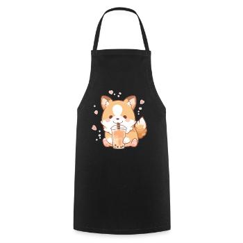 Kawaii Corgi Dog Drinks Boba Bubble Tea Chibi - Cooking Apron - black - Front - AI Model Male 185 dark (185cm)