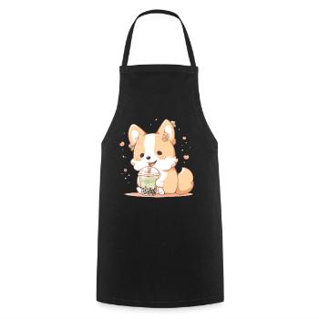 Kawaii Corgi Dog Drinks Boba Bubble Tea Chibi - Cooking Apron - black - Front - AI Model Male 185 dark (185cm)