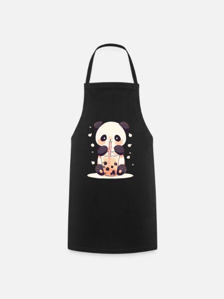 Kawaii Panda boit Boba Bubble Tea Chibi - Tablier de cuisine - noir