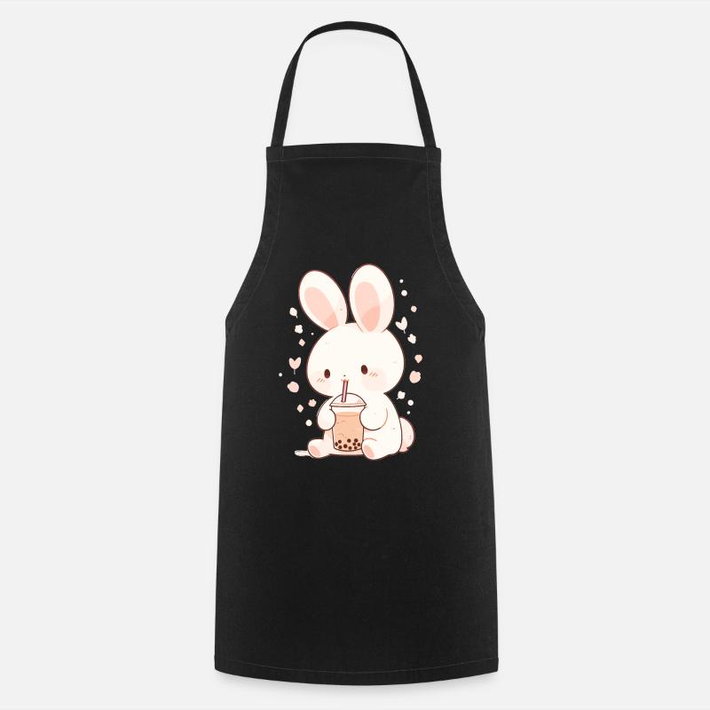 Kawaii Hase trinkt Boba Bubble Tea Chibi - Kochschürze - Schwarz