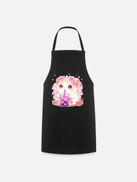 Kawaii Hamster trinkt Boba Bubble Tea Chibi - Kochschürze - Schwarz