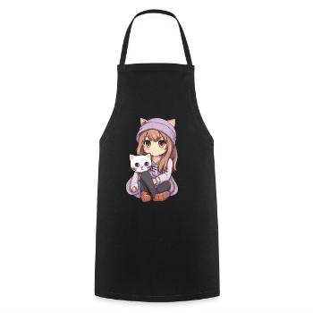 Kawaii Girl Anime Manga Fille et chat - Tablier de cuisine - noir - Devant - AI Model Male 185 dark (185cm)