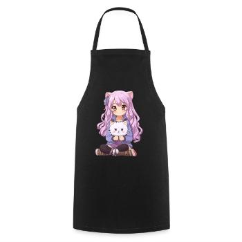 Kawaii Girl Anime Manga Fille et chat - Tablier de cuisine - noir - Devant - AI Model Male 185 dark (185cm)