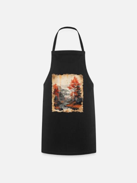 Classic Scenery Papyrus Scroll Onsen Japanese - Cooking Apron - black