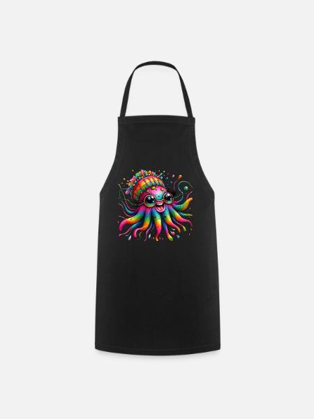 Poulpe, Méduse, Mer, Animaux Colorés, Hippie - Tablier de cuisine - noir