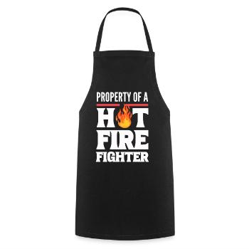 Property Of A Hot Firefighter Feuerwehrkapitän - Kochschürze - Schwarz - Vorne - AI Model Male 185 dark (185cm)