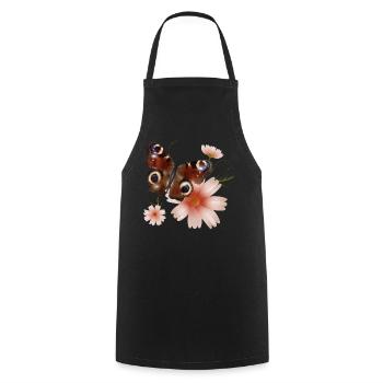Papillon paon oeil avec des fleurs roses - Tablier de cuisine - noir - Devant - AI Model Male 185 dark (185cm)