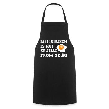 Mei Inglisch is not se Jello fron se Äg - Kochschürze - Schwarz - Vorne - AI Model Male 185 dark (185cm)