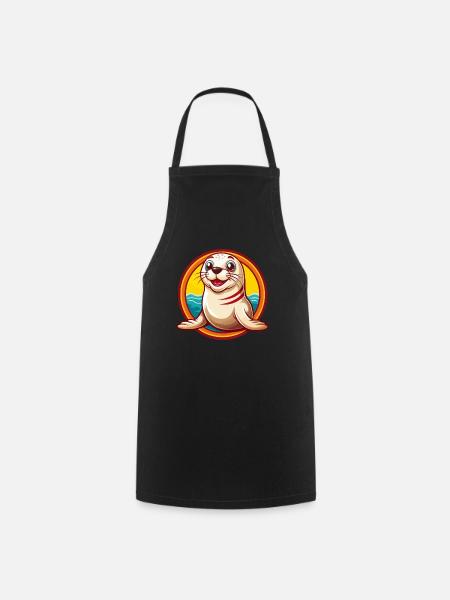 Robbe Niedlich Lustig Kawaii Cartoon Clipart Tier Haustier - Kochschürze - Schwarz