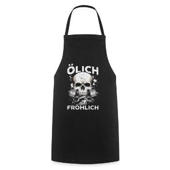 Oily but cheerful – For the true mechanics - Cooking Apron - black - Front - AI Model Male 185 dark (185cm)