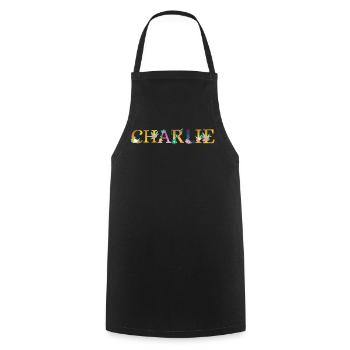 CHARLIE name adorned with flowers - Cooking Apron - black - Front - AI Model Male 185 dark (185cm)