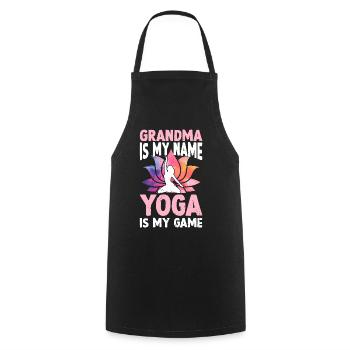 Mamie c’est mon nom Le Yoga c’est mon jeu - Yoga Mamie - Tablier de cuisine - noir - Devant - AI Model Male 185 dark (185cm)