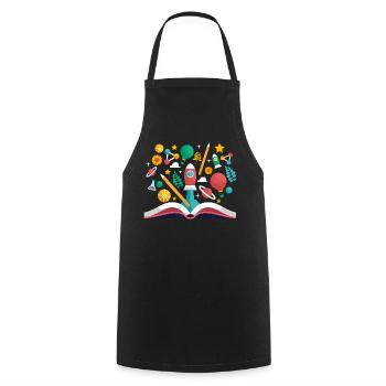 Livre ouvert avec des objets scolaires, apprendre et éduquer - Tablier de cuisine - noir - Devant - AI Model Male 185 dark (185cm)
