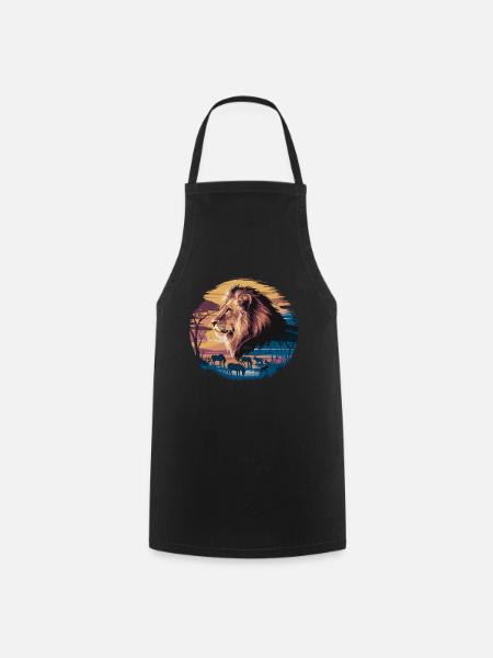 Lion in the desert with zebras and antelopes at - Cooking Apron - black