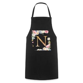 N Monogramme, Floral, Personnalisable - Tablier de cuisine - noir - Devant - AI Model Male 185 dark (185cm)