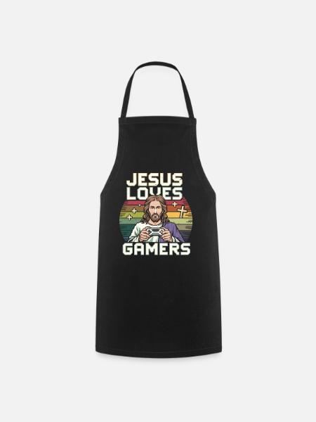 Jésus aime l’art rétro coloré du joueur avec - Tablier de cuisine - noir