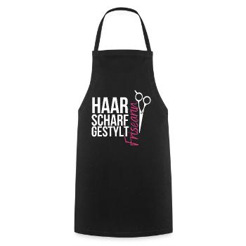 Haarscharf gestylt - Frisearin, Friseurin - Kochschürze - Schwarz - Vorne - AI Model Male 185 dark (185cm)