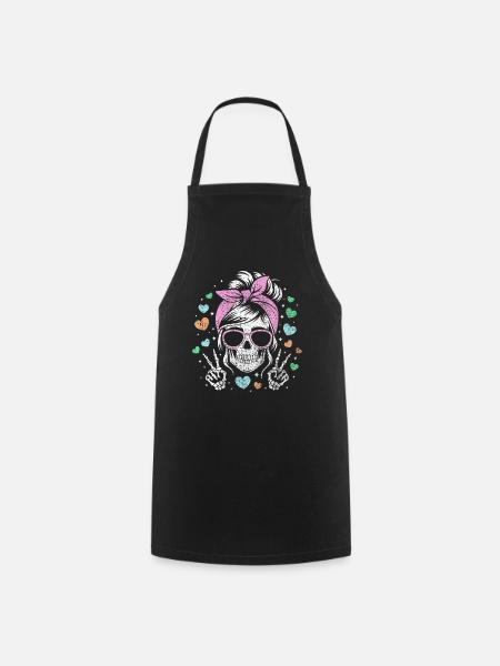 Verspieltes Totenkopf-Mädchen mit Herz-Akzenten - Kochschürze - Schwarz