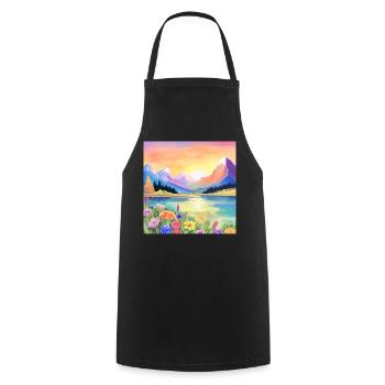 Sonnenuntergang über den Bergen, dem See und den Blumen - Kochschürze - Schwarz - Vorne - AI Model Male 185 dark (185cm)