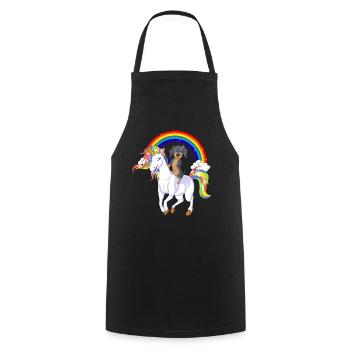 Lustiger Dackel reitet Einhorn auf Regenbogen magisch - Kochschürze - Schwarz - Vorne - AI Model Male 185 dark (185cm)