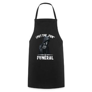 Grim Reaper saying I put the fun in funeral motif - Cooking Apron - black - Front - AI Model Male 185 dark (185cm)
