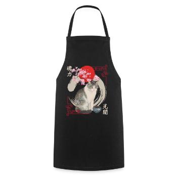 Japanese cat with cherry blossoms - Cooking Apron - black - Front - AI Model Male 185 dark (185cm)