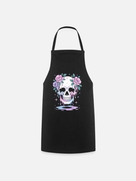 Kawaii Pastel Goth Totenschädel Blumen - Kochschürze - Schwarz