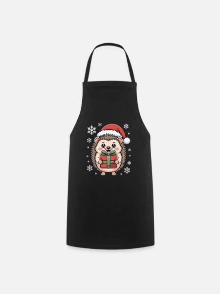 Weihnachtsigel Mit Nikolausmütze Und Paket - Kochschürze - Schwarz