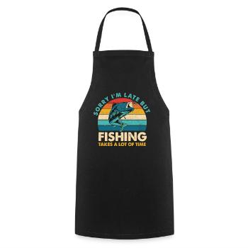 Désolé pour le retard – Humour rétro de pêche - Tablier de cuisine - noir - Devant - AI Model Male 185 dark (185cm)