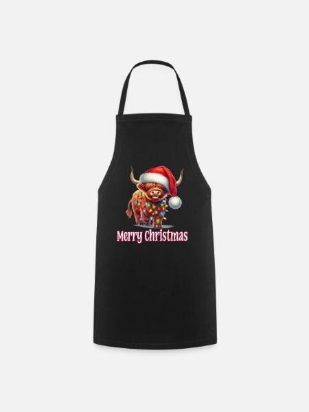 Highland Cattle with Christmas Hat Merry Christmas - Cooking Apron - black