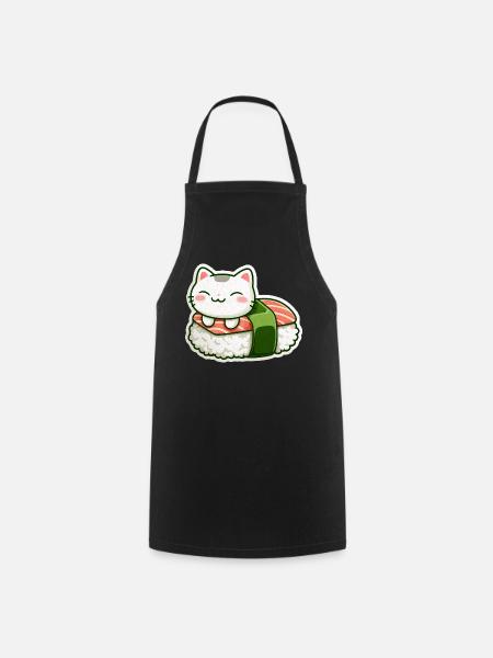 Kawaii Sushi Cat on Roll - Cooking Apron - black
