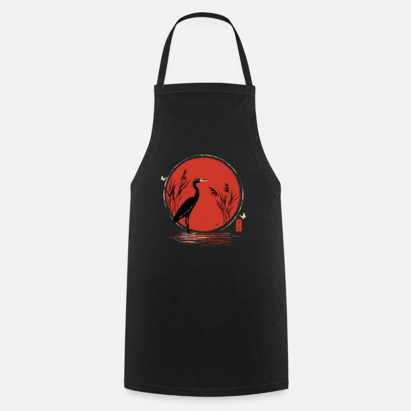 Red Crane Ukiyoe - Cooking Apron - black