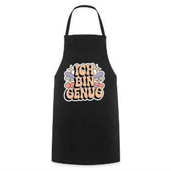 Ich bin genug – Retro Statement - Kochschürze - Schwarz - Vorne - AI Model Male 185 dark (185cm)
