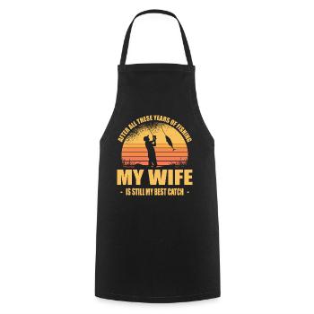 Épouse et tenue de pêcheur drôle de pêcheur - Tablier de cuisine - noir - Devant - AI Model Male 185 dark (185cm)